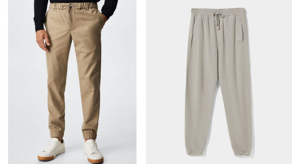MANGO Pantalón con cintura elástica en color arena // BERSHKA Pantalón jogger gris