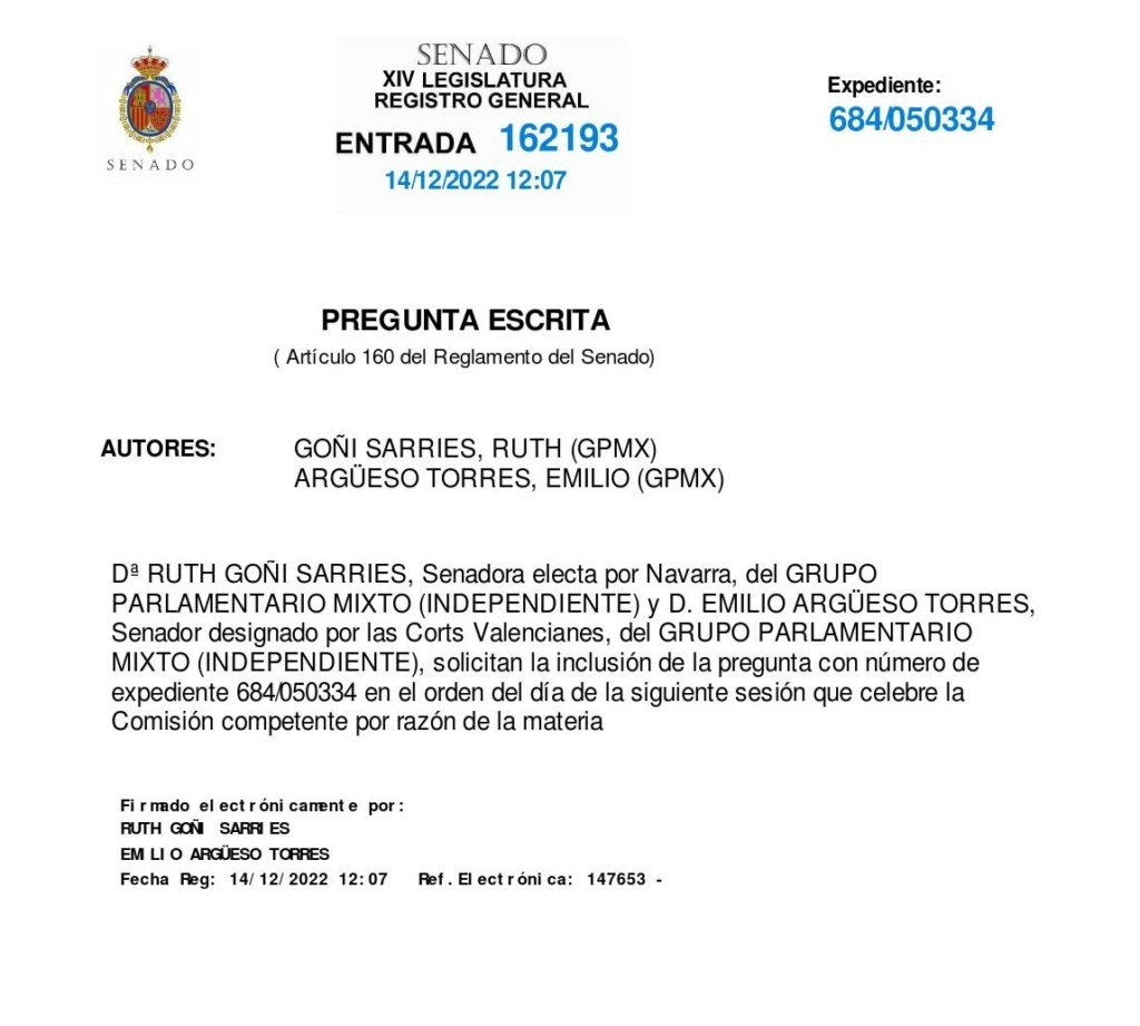 Segunda solicitud registrada por dos senadores del Grupo Mixto sobre Fiadelso.