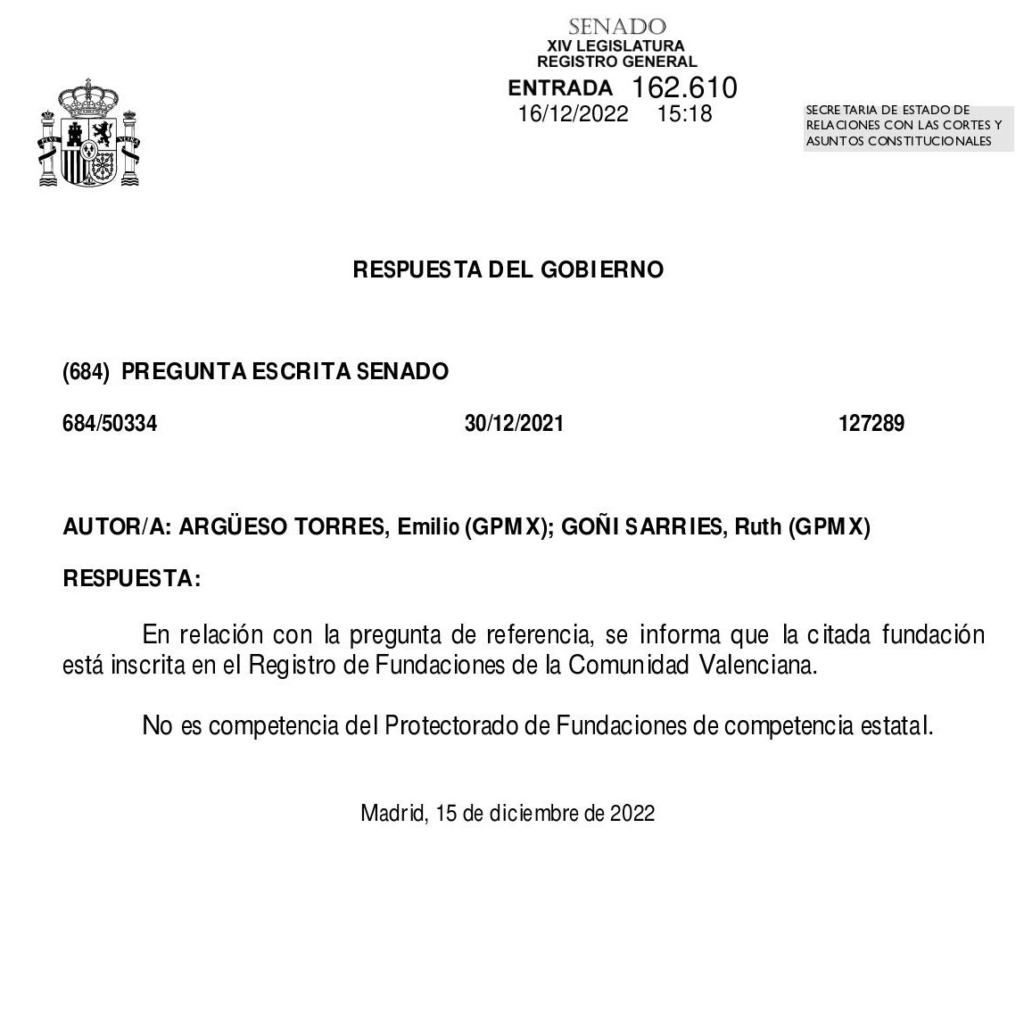 Respuesta del Gobierno sobre Fiadelso, casi un año después de la pregunta del Grupo Mixto.