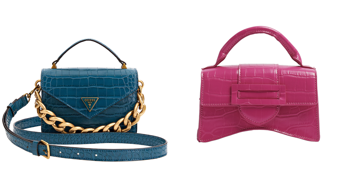 GUESS Cartera de mano azul con cadena dorada // PARFOIS Bolso en rosa fúcsia