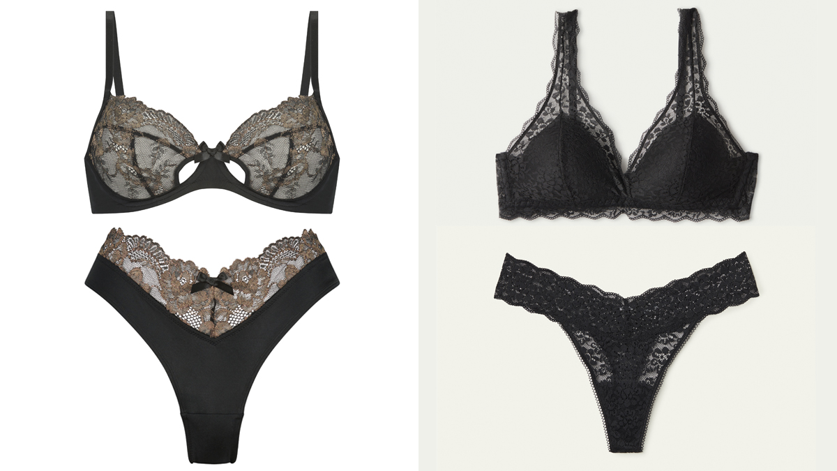 HUNKEMÖLLER Conjunto negro con encaje dorado // TEZENIS Diseños de lencería con encaje floral