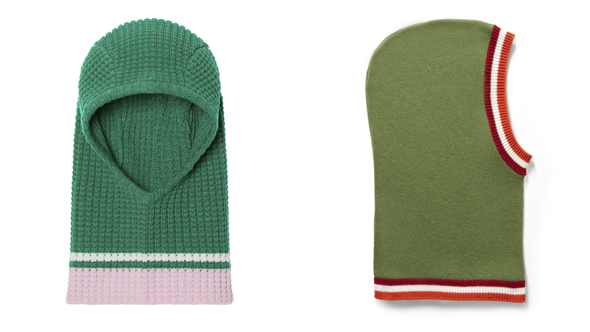 UNIQLO X MARNI Balaclava verde y blanca // BENETTON Modelo en verde militar con franja de rayas