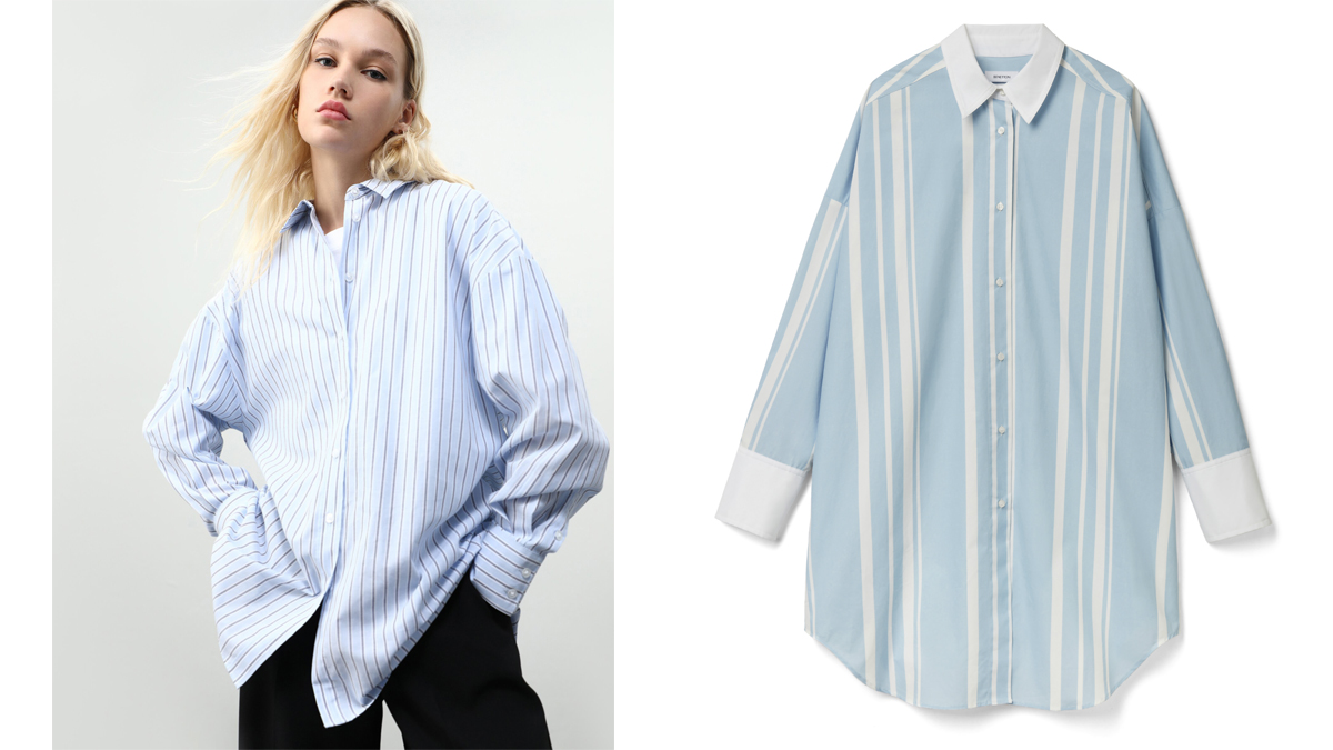 LEFTIES Modelo con camisa de rayas // BENETTON Camisa oversize azul