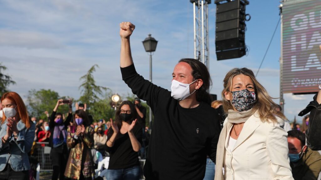 Iglesias y Díaz en un acto de Podemos durante las elecciones a la Comunidad de Madrid. Foto: Isabel Infantes.