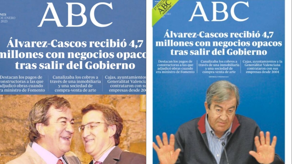 A la izquierda, la portada falsa compartida por la ministra Belarra. A la derecha, la real del 'ABC'. Foto: The Objective. Sor