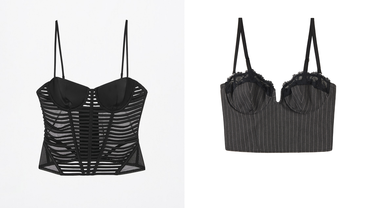 ZARA Corsé negro con transparencias // TEZENIS Corsé estampado con raya diplomática