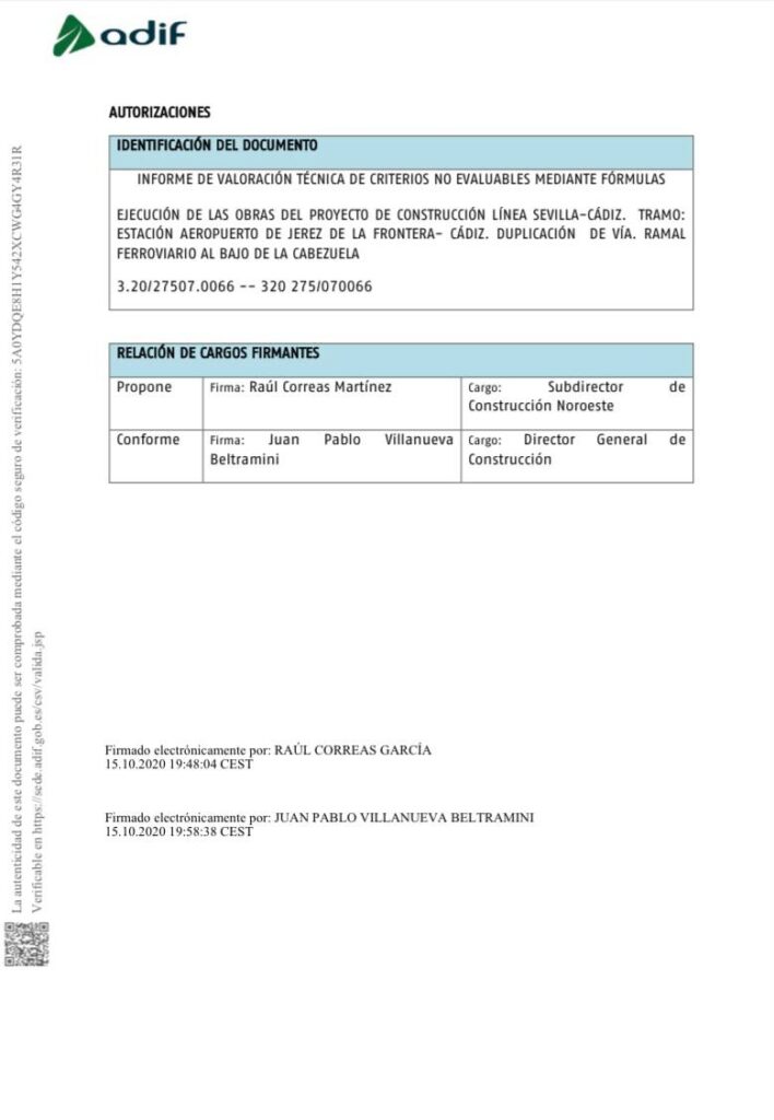 Informe técnico de Adif sobre el «Ramal ferroviario del Bajo de la Cabezuela».