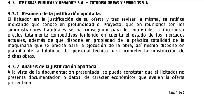 Informe de Adif sobre la oferta de temeridad presentada por OPR en Bajo de la Cabezuela.