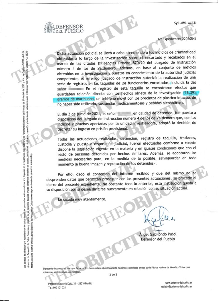 Informe de la Guardia Civil al que alude el Defensor del Pueblo sobre el 'caso Valdemoro'.