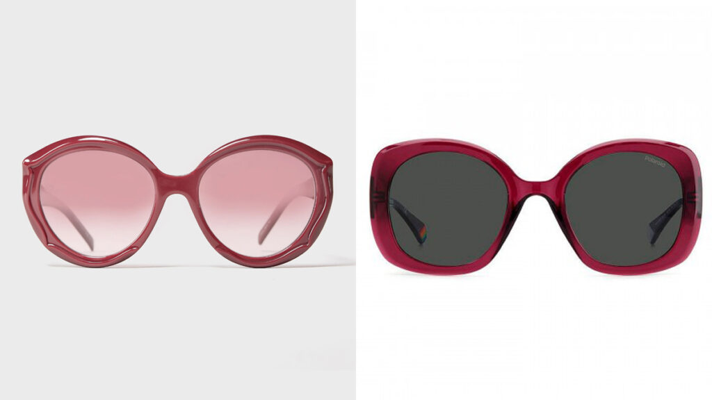 Izquierda: gafas en tonos rosas de Elie Saab. (PVP: 175€) // Derecha: modelo con montura burdeos low cost de Polaroid (disponible en e-lentilla). (PVP: 34,95€)