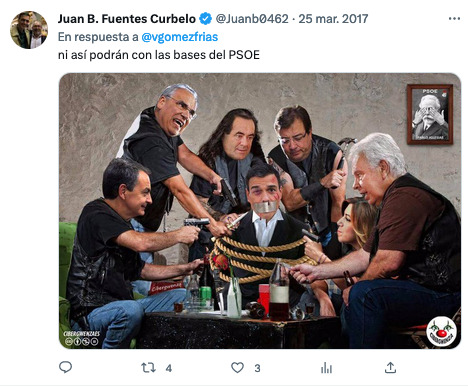 Montaje compartido por Curbelo, con Zapatero, Guerra, Bono, Vara, Díaz y González atacando a Sánchez.