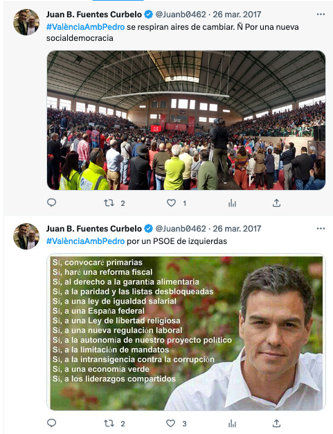 Capturas de pantalla del apoyo de Curbelo (Tito Berni) al candidato Pedro Sánchez en marzo de 2017.