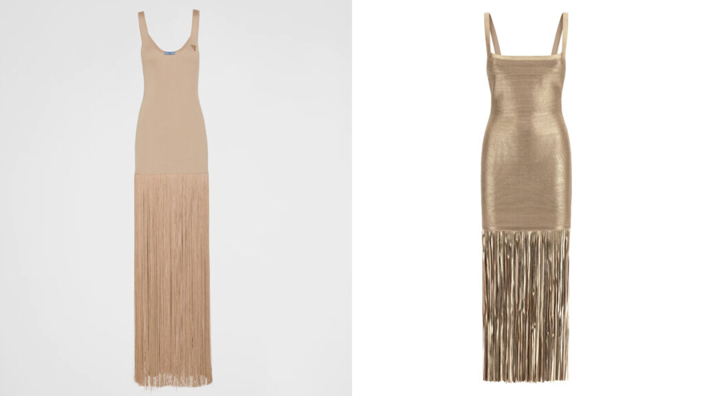 Izquierda: vestido nude de Prada. (PVP: 1.750€) // Derecha: vestido dorado de Marciano by Guess. (PVP: 340€)