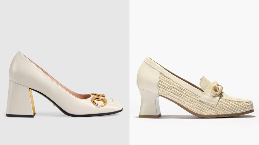 Izquierda: zapato con cadena dorada de Gucci. (PVP: 795€) // Derecha: zapato con tejido en espiga low cost de Pitillos. (PVP: 85€)