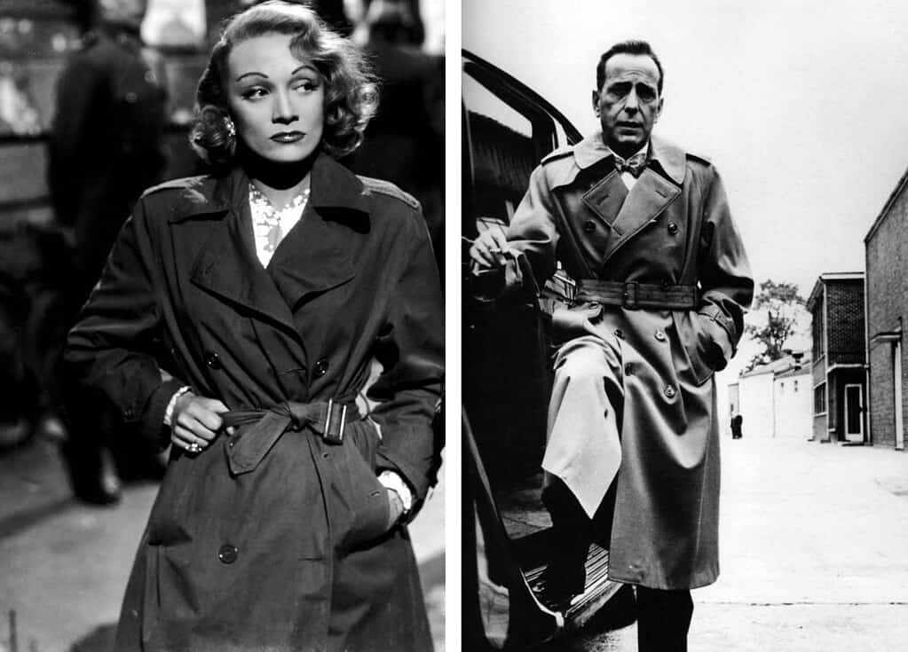 Marlene Dietrich y Humphrey Bogart con gabardinas. (Fuente: Pinterest)