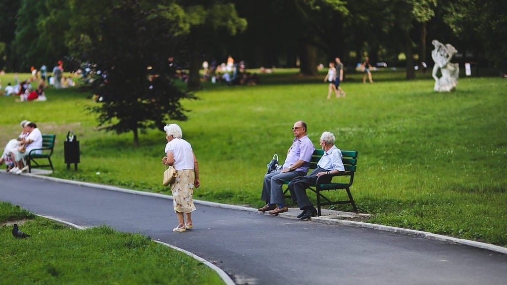 Varias personas paseando y descansando en un parque. 