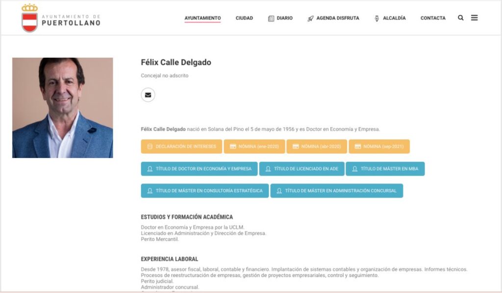 Perfil de Félix Calle en el portal del Ayuntamiento de Puertollano