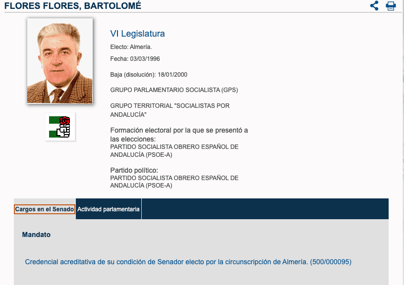 Ficha del exsenador del PSOE Bartolomé Flores, padre de uno de los candidatos detenidos en Mojácar.