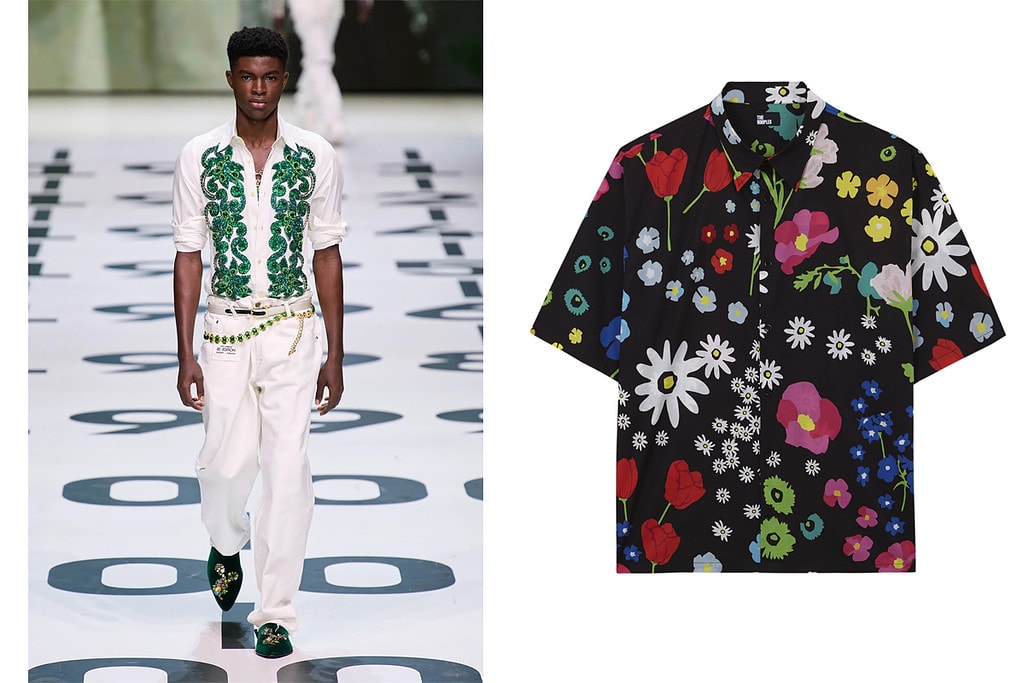 Modelo con camisa bordada de Doce & Gabbana // Camisa negra con estampado de flores de The Kooples