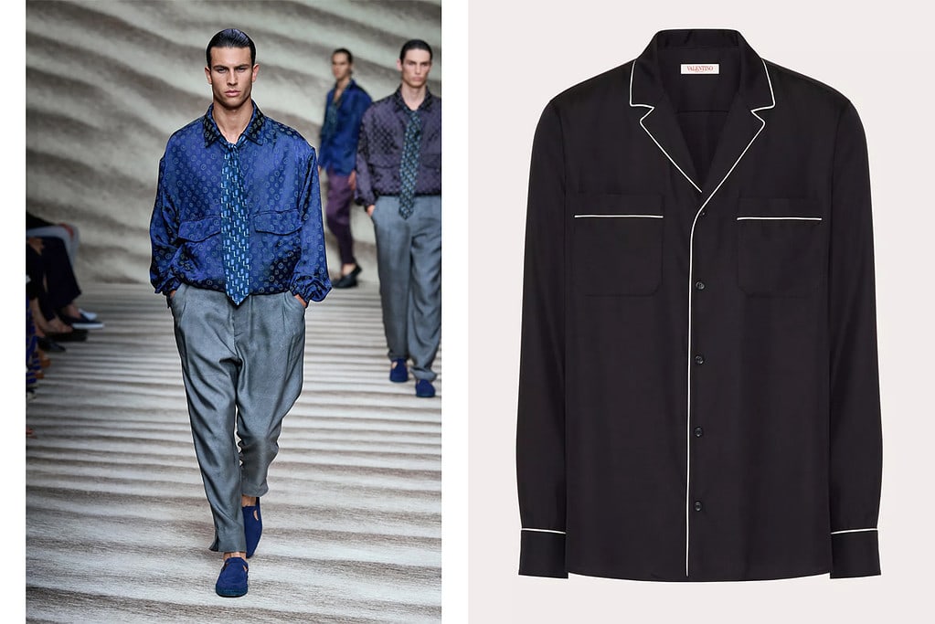 Modelo con look de inspiración pijama de Giorgio Armani // Camisa negra de Valentino