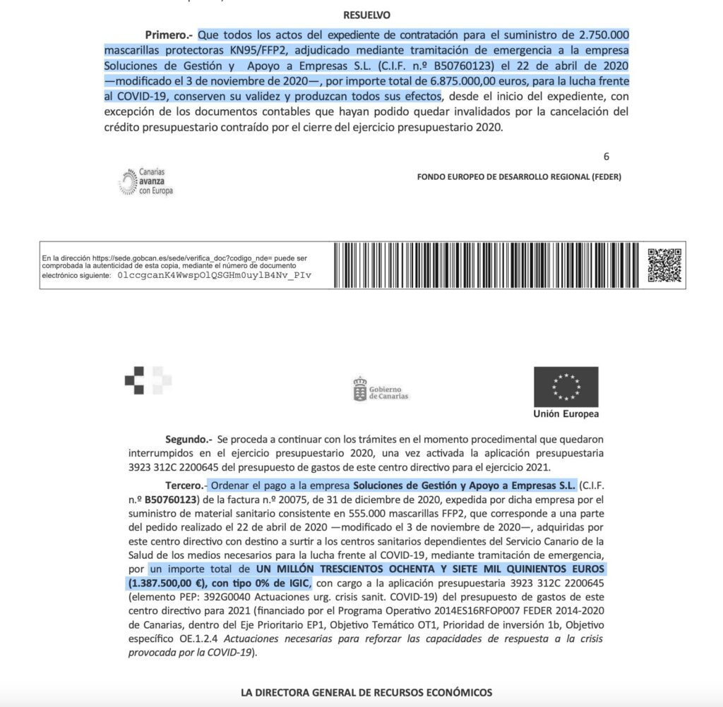 Modificación del contrato del gobierno de Canarias con el proveedor de mascarillas de Ábalos, el 4 de junio de 2021.