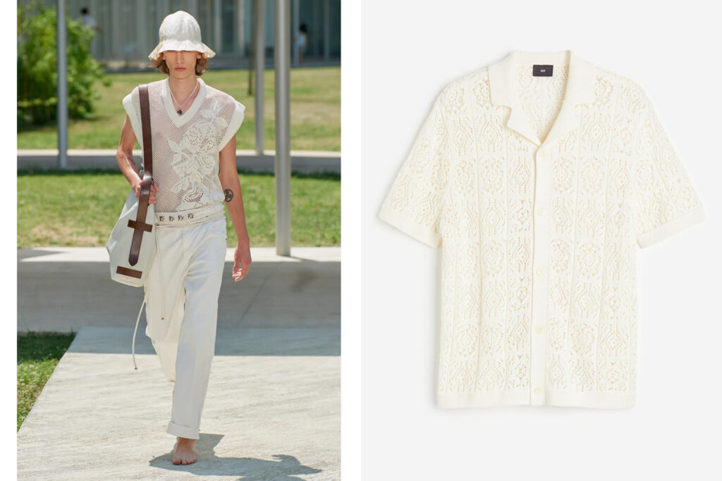 Modelo con chaleco blanco de Etro // Camisa de croché de H&M