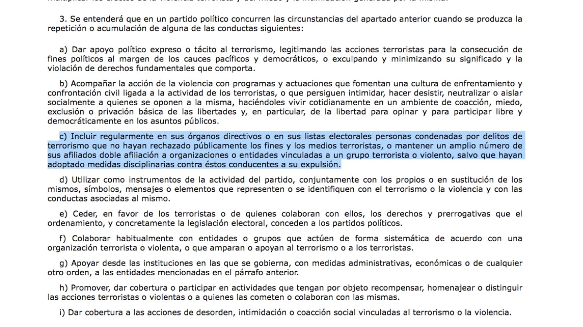 Captura de pantalla de la Ley Orgánica 6/2002, de 27 de junio, de Partidos Políticos. Artículo 9.