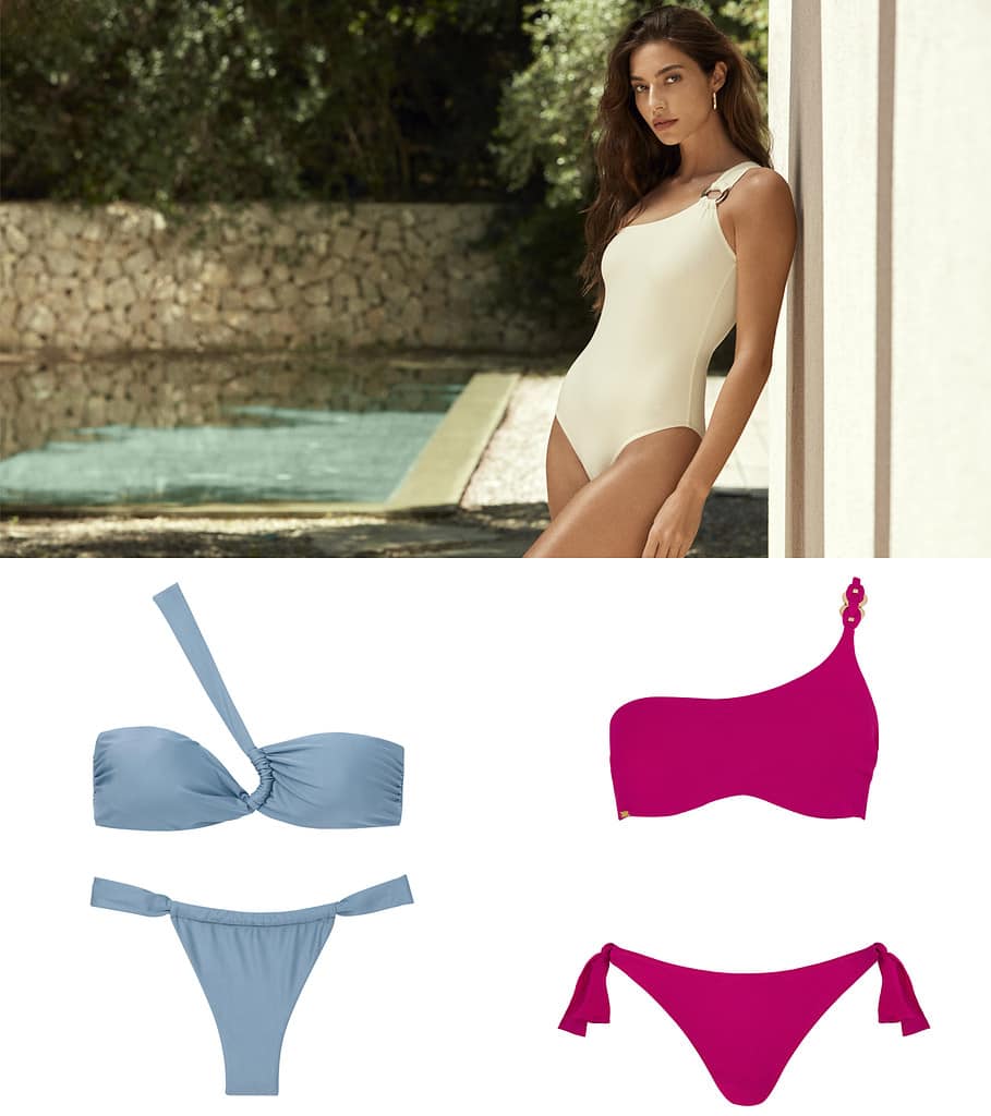 EL CORTE INGLÉS Bañador blanco // ETAM Bikini azul // SELMARK Bikini rosa con un tirante