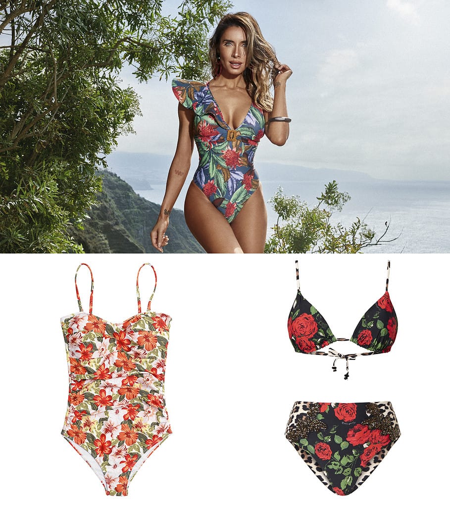 SELMARK Pilar Rubio con bañador tropical // VENCA Bañador de flores naranjas // TWINSET Bikini de rosas y animal print
