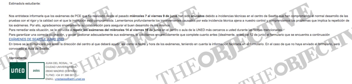 Primer correo de la UNED en el que anulan el examen