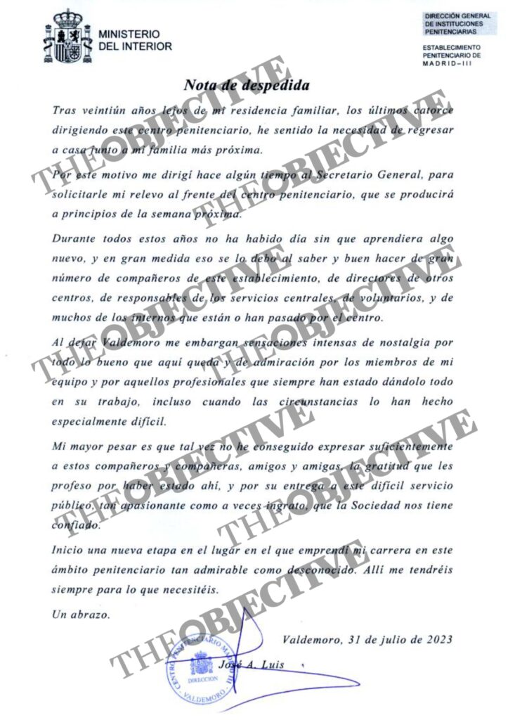Carta de despedida del director de la prisión de Valdemoro.