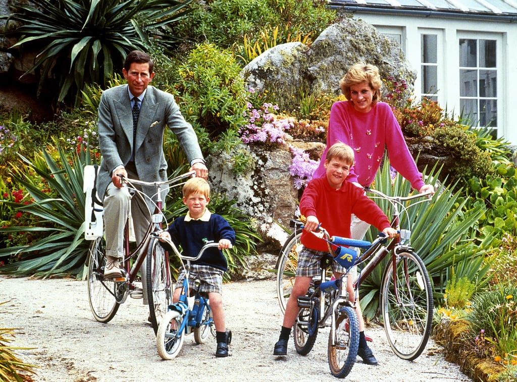 El rey Carlos III, Diana de Gales, y los príncipes Harry y Guillermo