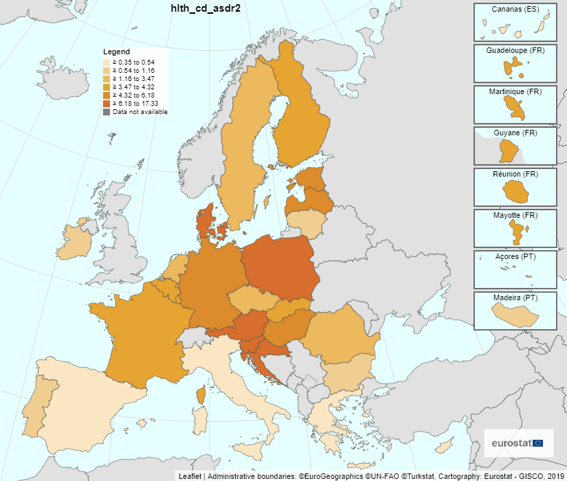 Mapa sobre las causas de muerte relacionadas con las enfermedades provocadas por el consumo de alcohol en toda Europa. Fuente: Eurostat.