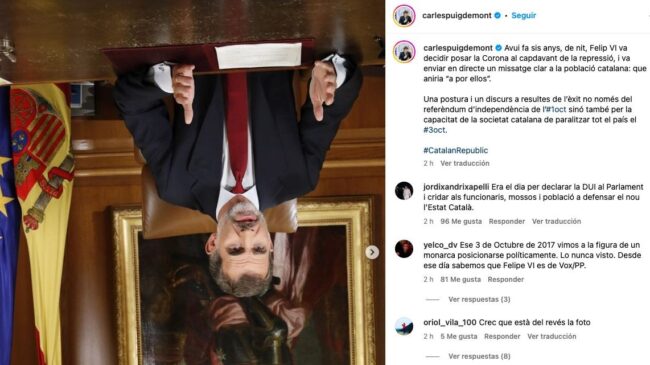 Puigdemont publica una foto del Rey boca abajo tras nombrar a Sánchez candidato