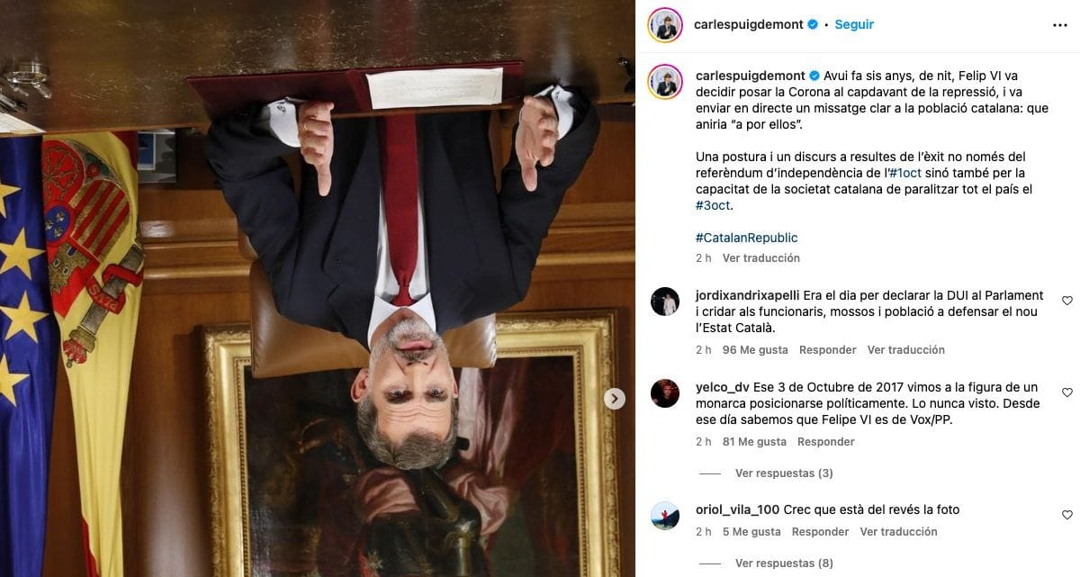 Puigdemont publica una foto del Rey boca abajo tras nombrar a Sánchez candidato