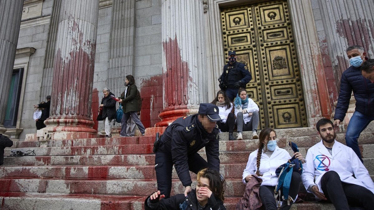 La Fiscalía pide 21 meses de cárcel para los activistas que tiraron pintura contra el Congreso