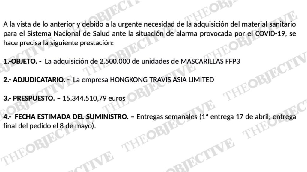 Contrato para la adquisición de mascarillas FFP3 entre el Ingesa y HongKong Travis Asia Limited.