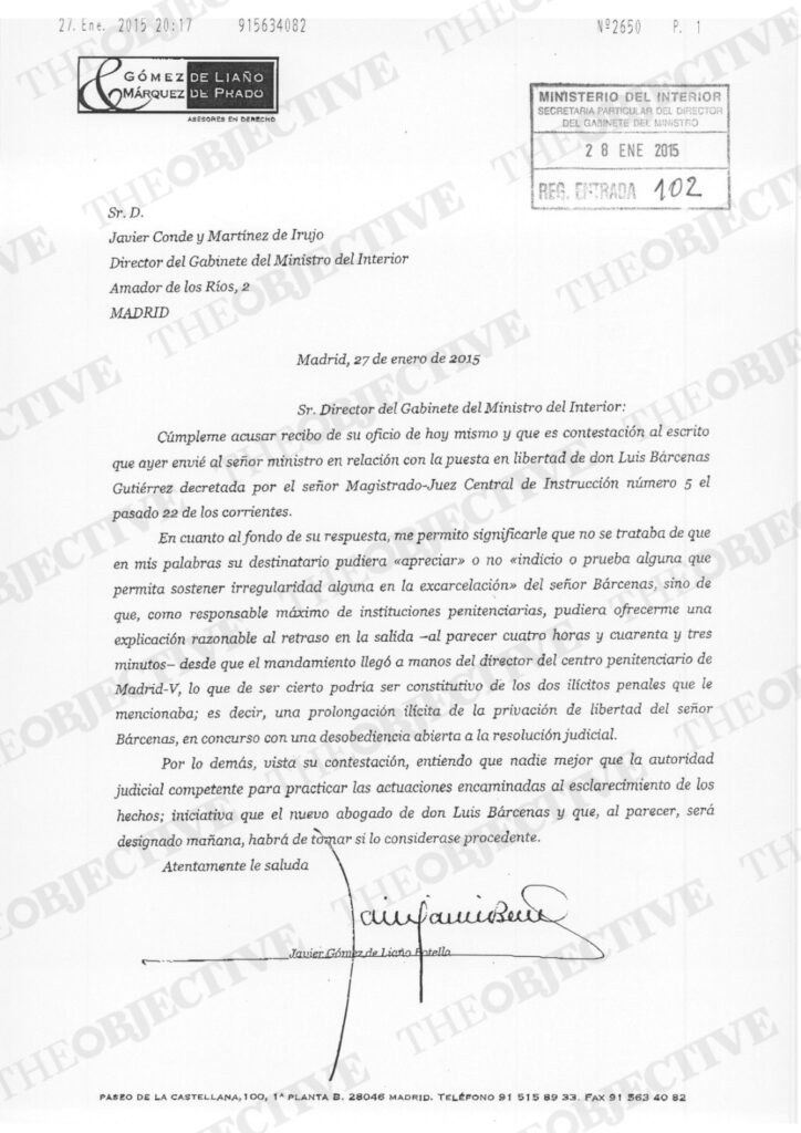 Segunda carta de Gómez de Liaño al exministro Fernández Díaz.