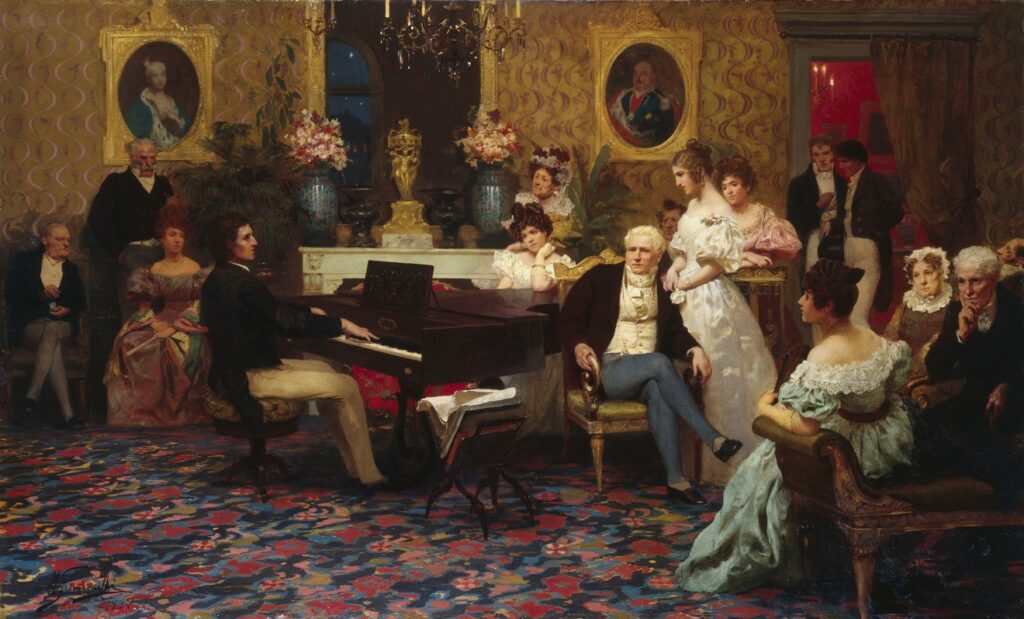 Chopin toca el piano en un cuadro.