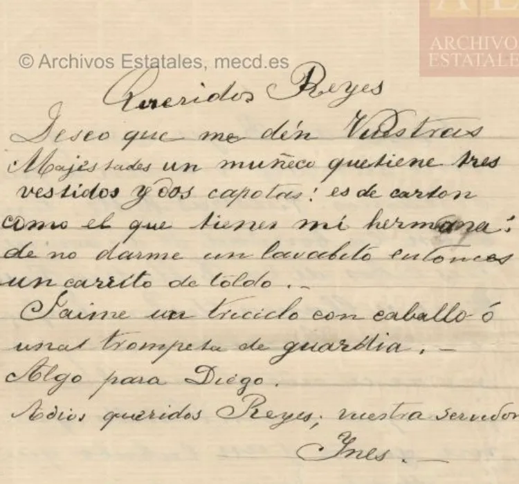 Carta antigua de una niña a los Reyes Magos. 
Archivo Histórico de la Nobleza. Ministerio de Cultura