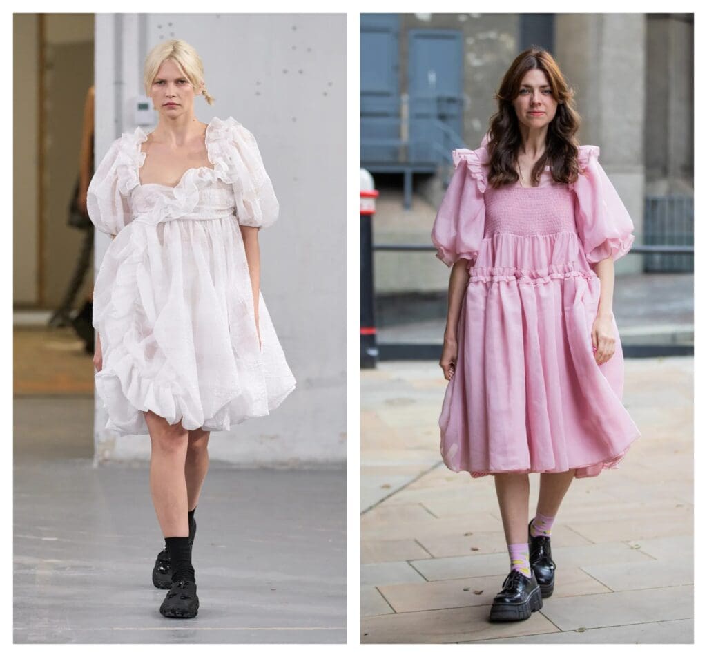 Colección Cecilie Bahnsen primavera-verano 2024 (izq.) y streetstyle en la semana de la moda de Londres (der.)