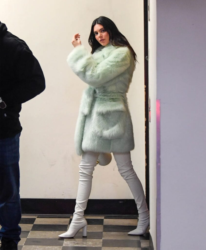 Kendall Jenner con un abrigo de pelo en tono mint. (Fuente: Mega)