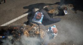 Un grupo de agricultores quema muñecos con la cara de Sánchez y Planas en Madrid