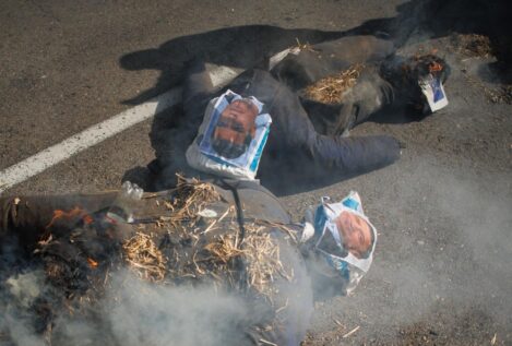Un grupo de agricultores quema muñecos con la cara de Sánchez y Planas en Madrid