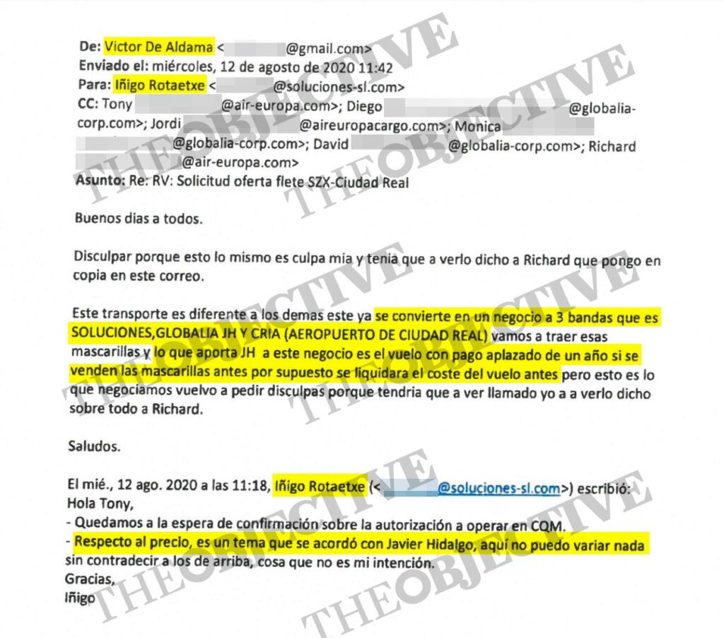 Intercambio de mails entre la trama Koldo y directivos de Air Europa en agosto de 2020.