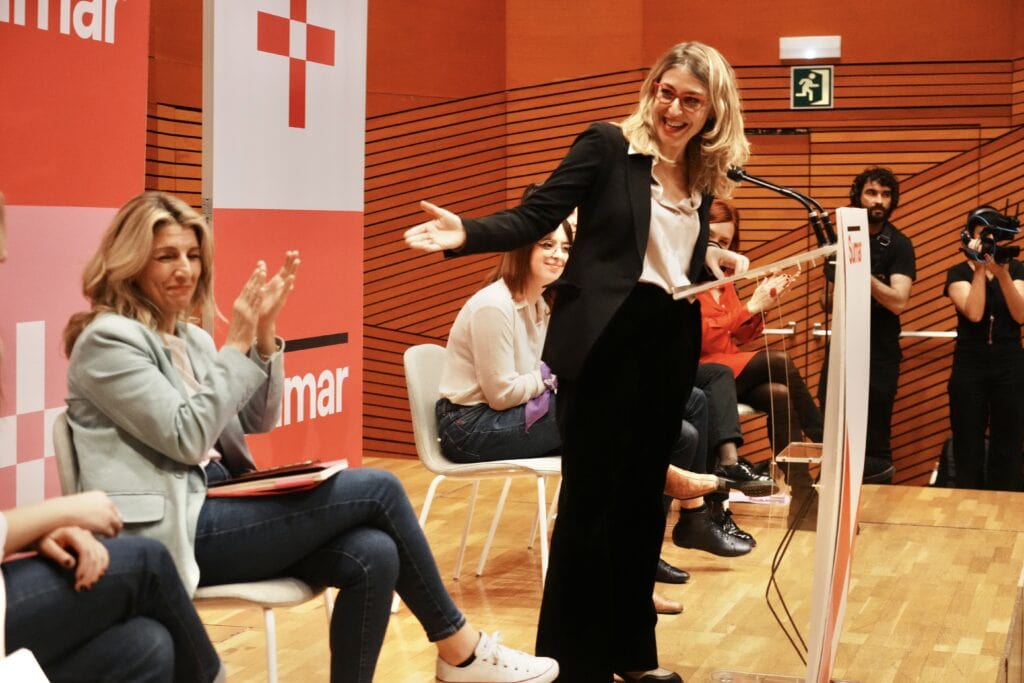 La eurodiputada de Sumar, María Eugenia Palop, interviene durante el acto ‘Ampliando lo público con políticas feministas’, en el Palacio Euskalduna, a 6 de marzo de 2024, en Bilbao