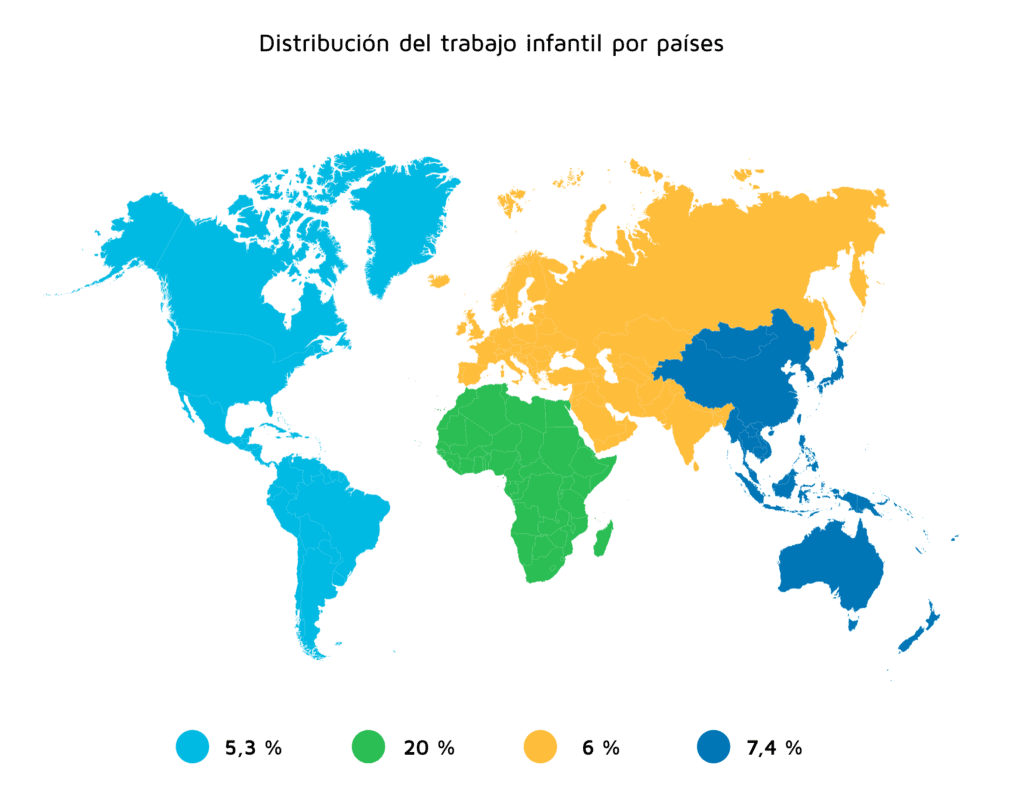 Mapa que muestra la distribución del trabajo infantil por países. 
Asepeyo salud