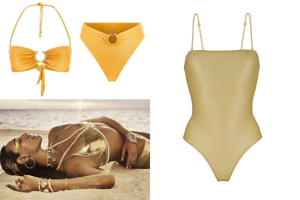 GUESS Bikini dorado con aro metálico // SWAROVSKI Modelo con ropa de baño dorada // DOLLA Bañador metalizado