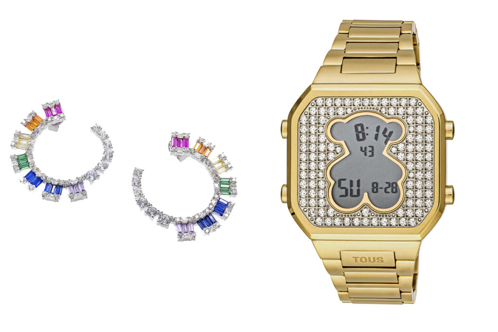 PLATONIC JEWELS Pendientes circulares con cristales de colores // TOUS Reloj dorado con microbrillantes