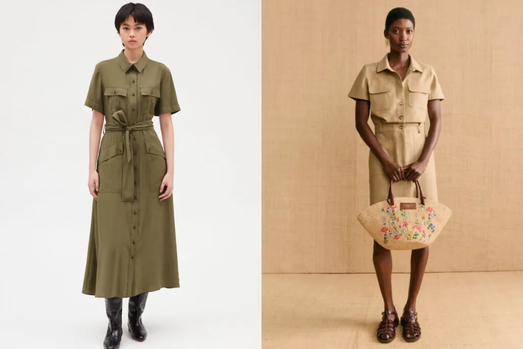 CLAUDIE PIERLOT Vestido en tono verde militar // SEZANE Vestido safari marrón claro